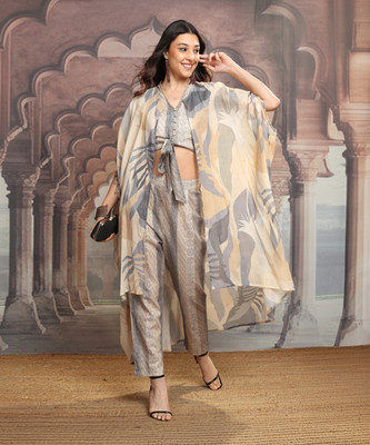 Vishudh Women Crop Top Palazzo Ethnic Jacket Set