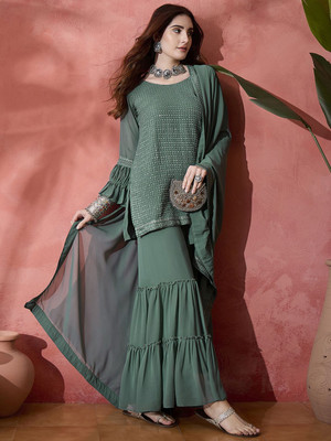 Sangria Embroidered Kurta, Sharara & Dupatta Set