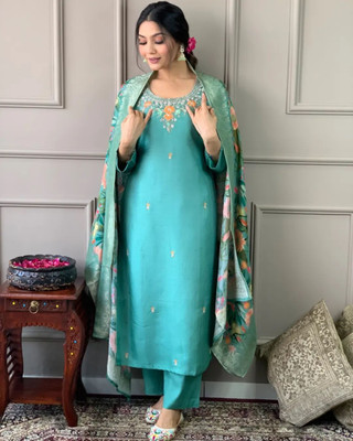 MEHZEEL FAB Embroidered Kurta, Trouser/Pant & Dupatta Set