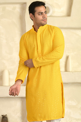 LEMONX Men Embroidered Straight Kurta(Yellow)