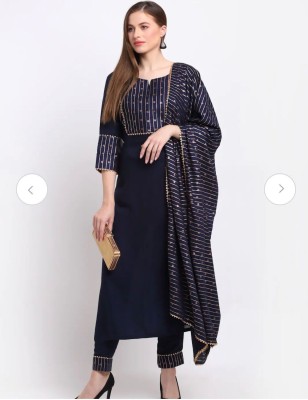 Jk fashion Women Printed Straight Kurta(Dark Blue, Gold)