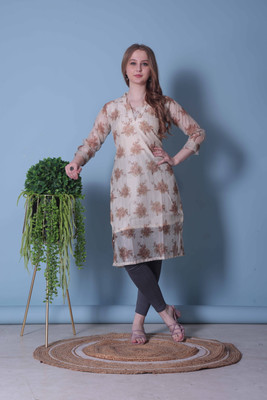 Miranshi Enterprise Women Floral Print A-line Kurta(Beige, White)