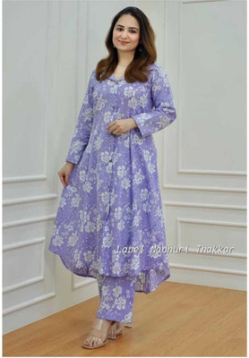 YARNSTITCH Women Printed Flared Kurta(Purple)