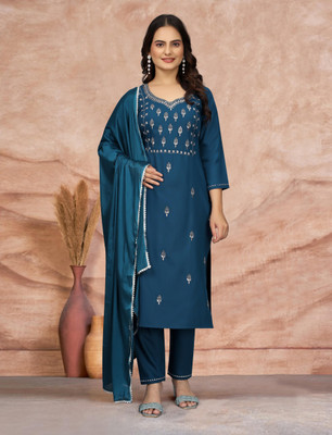 MYTIC Women Embroidered Straight Kurta(Blue, Purple)