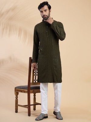 Kaashi Couture Men Chikan Embroidery Straight Kurta(Dark Green)