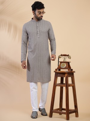 Kaashi Couture Men Chikan Embroidery Straight Kurta(Grey)