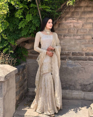CLOTHTEXTILE Embroidered Stitched Lehenga & Crop Top(White)
