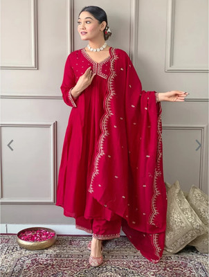 Harekrishna creation Embroidered, Striped Anarkali Kurta, Bottom & Dupatta Set
