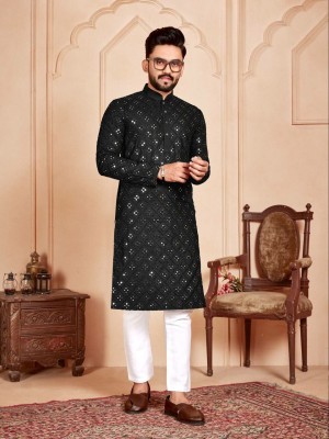 HEEYA ENTERPRISE Men Embroidered Straight Kurta(Black)