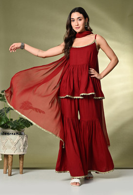 Sangria Women Ethnic Top Sharara Set