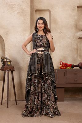 BAMLIZA WEAR Women Ethnic Top Sharara Ethnic Jacket Set