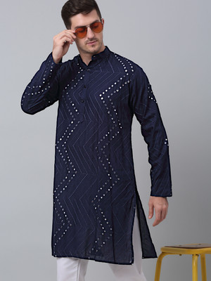 Jompers Men Embroidered Straight Kurta(Dark Blue)