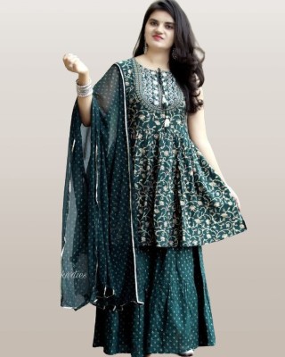 CREASAVISH Women Kurti Sharara Dupatta Set