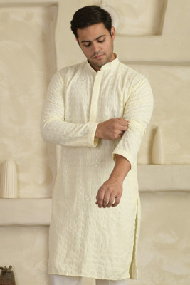 LEMONX Men Embellished Straight Kurta(White)