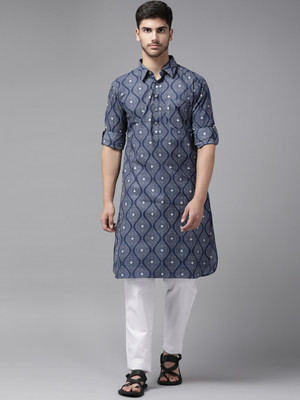 See Designs Men Printed Pathani Kurta(Blue, White)