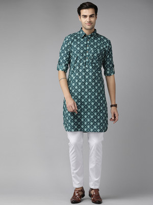 See Designs Men Printed Pathani Kurta(Green, Blue)