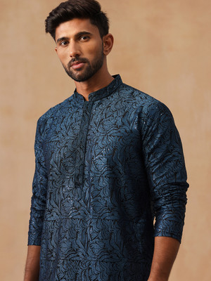 Jompers Men Printed Straight Kurta(Blue)