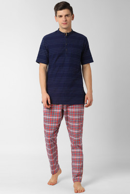 PETER ENGLAND Men Striped Dark Blue Shirt & Pyjama set