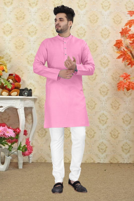 GRATITUDE ROCK Men Solid Straight Kurta(Pink)