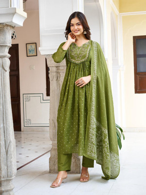 Piu Art Embroidered, Embellished Anarkali Kurta, Bottom & Dupatta Set