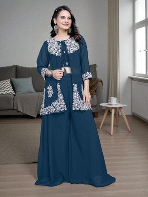 Rangmohini Women Crop Top Sharara Ethnic Jacket Set