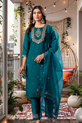 Ajantatextile Embroidered Kurta, Trouser/Pant & Dupatta Set