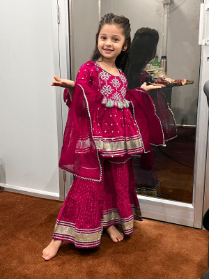 Sanwariya Seth Ji Creations Baby Girls Festive & Party, Casual, Wedding Kurta and Sharara Set(Maroon Pack of 1)