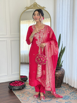 aadhiya impex Women Embroidered Straight Kurta(Pink)