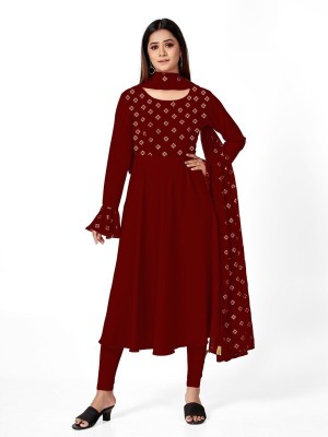 Diamoon Women Floral Print Anarkali Kurta(Maroon)