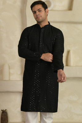 LEMONX Men Embellished Straight Kurta(Black)