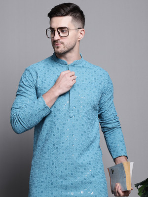 Jompers Men Embroidered Straight Kurta(Blue)