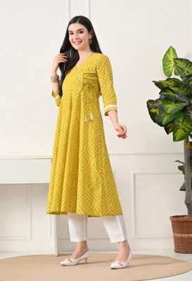 DECKEDUP Women Printed Anarkali Kurta(Yellow)