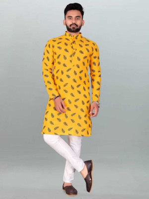 Simran Creation Men Printed Straight Kurta(Yellow)