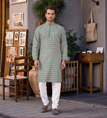 Outluk Men Printed A-line Kurta(Light Green)