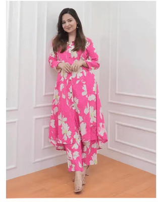gangfab Women Floral Print Anarkali Kurta(Pink)