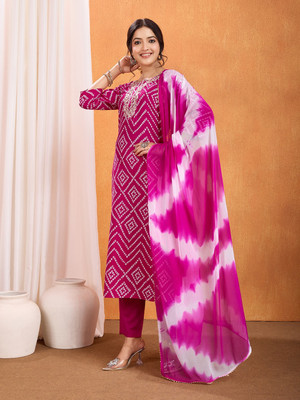 INDEEVA Women Bandhani, Dyed/Ombre A-line Kurta(Pink)