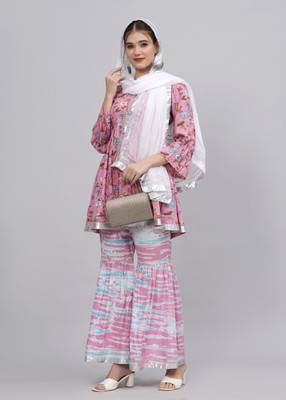 Fit & Flare Women Ethnic Top Sharara Dupatta Set