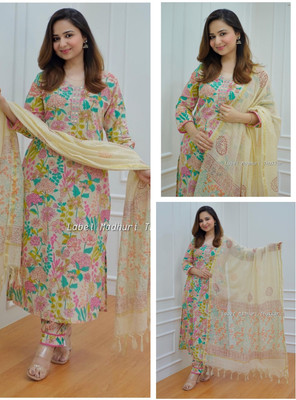 SI and KU Fabrics Floral Print Kurta, Palazzo & Dupatta Set