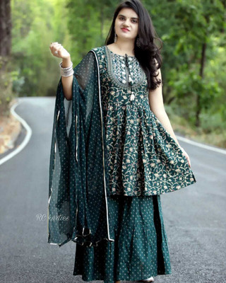 CREASAVISH Women Kurti Sharara Dupatta Set
