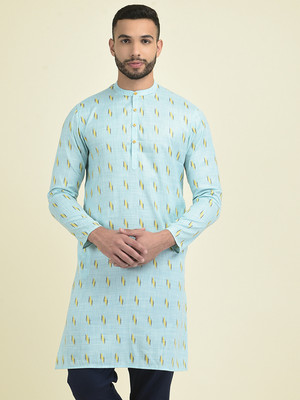 DEYANN Men Printed Straight Kurta(Blue)
