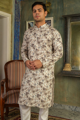 LEMONX Men Printed Straight Kurta(Brown)