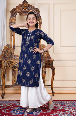 DMP EXPORT Girls Floral Print Asymmetric Kurta(Dark Blue)