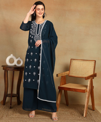 Rudraaksha Chikakari Women Kurta Palazzo Dupatta Set