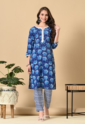 Annsh Apparel Women Floral Print Straight Kurta(Blue)