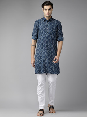 See Designs Men Printed Pathani Kurta(Blue)
