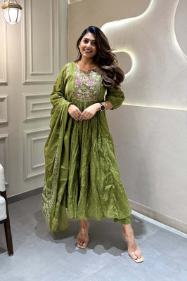 Tasrika Embellished, Floral Print Kurta, Churidar & Dupatta Set