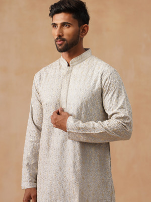 Jompers Men Embroidered Straight Kurta(Grey)