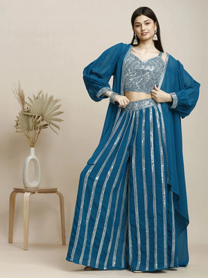 Madhuram Women Crop Top Palazzo Ethnic Jacket Set