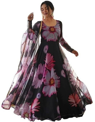 KLAWIA Women Floral Print Gown Kurta(Black)