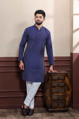 Koshin Men Printed Straight Kurta(Dark Blue)